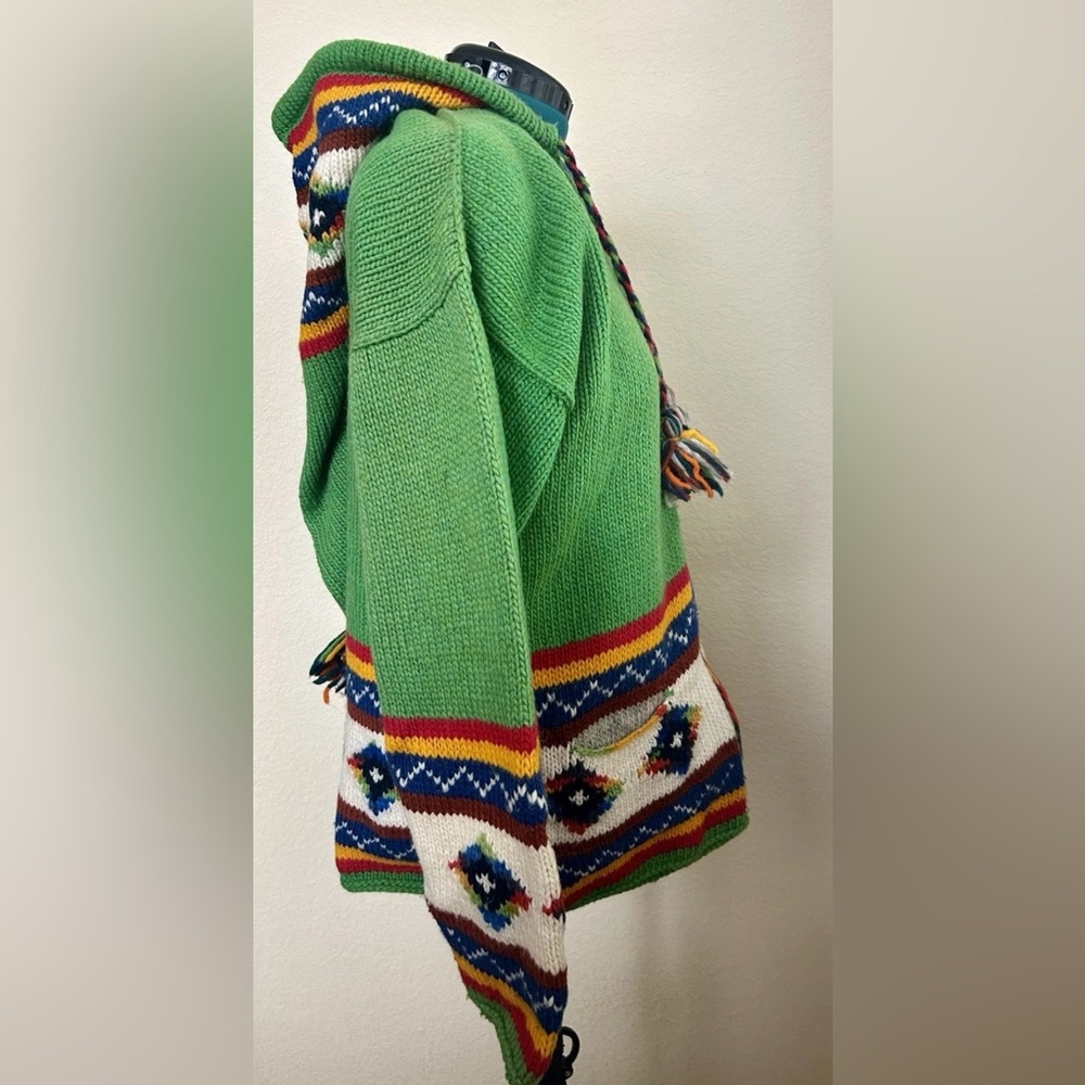 1990s Chunky Green Wool Hand Knit Cardigan Zip Up Large Pointed Hood Equador - Picture 11 of 15